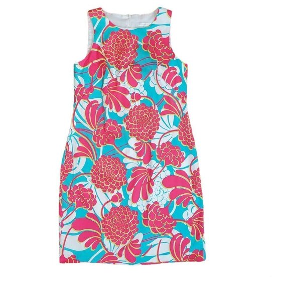 💥448 London Times Lizzy Sleeveless Geo Peonies Cotton Shift Dress - Picture 4 of 10